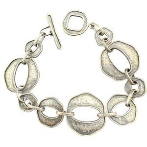 Artisan Sterling Silver Organic Link Bracelet 925 With Hammered Design And Toggl